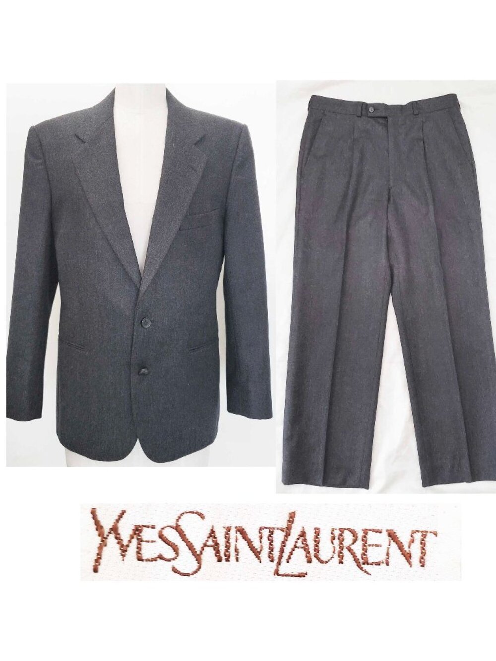 YSL Yes Saint Laurent Men's VTG Gray Wool Blue Pinstripe Suit Blazer Pants 40 R